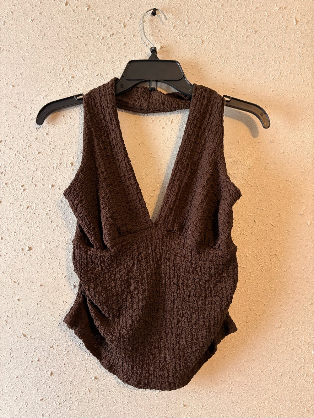 See You Monday Textured Dark Brown V-Neck Crop Top with wide leg pants